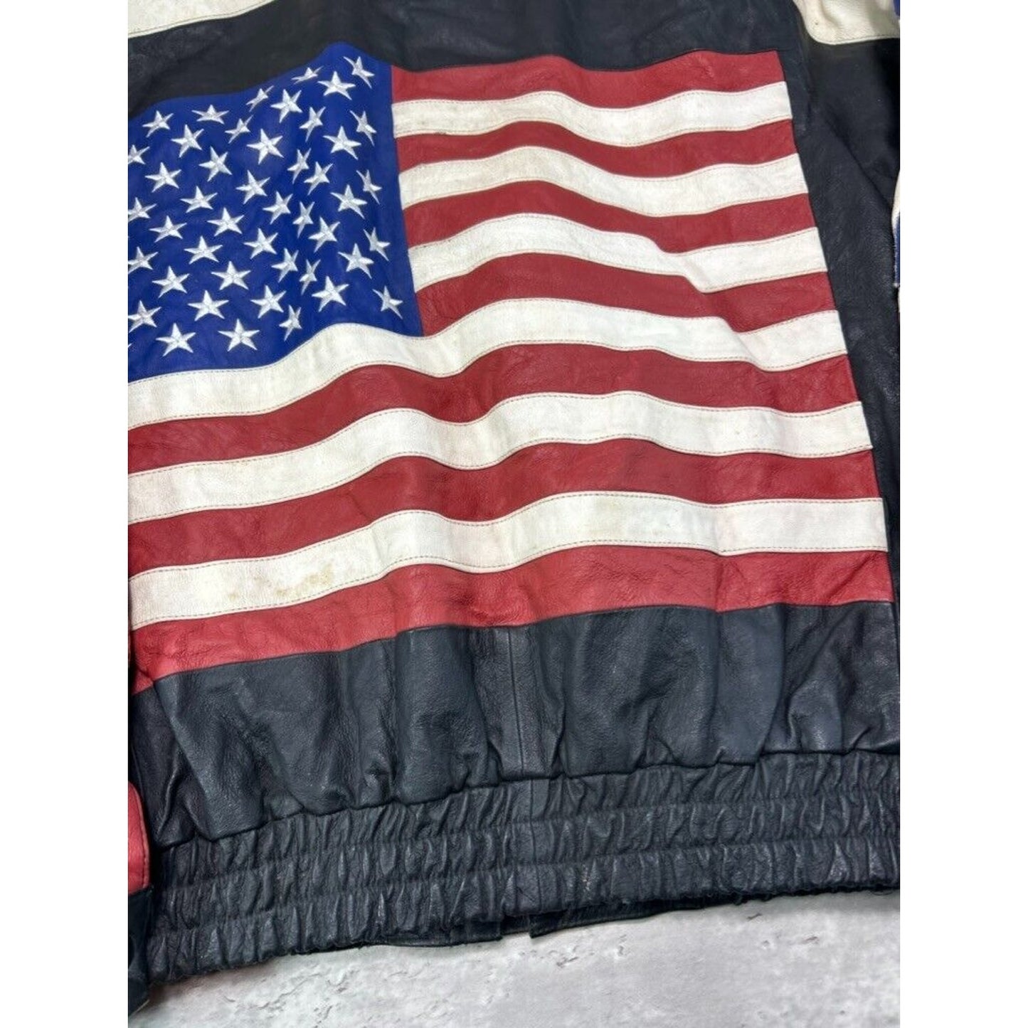 Vintage USA Embroidered Flag Spell Out Leather Bomber Jacket Size Large Black
