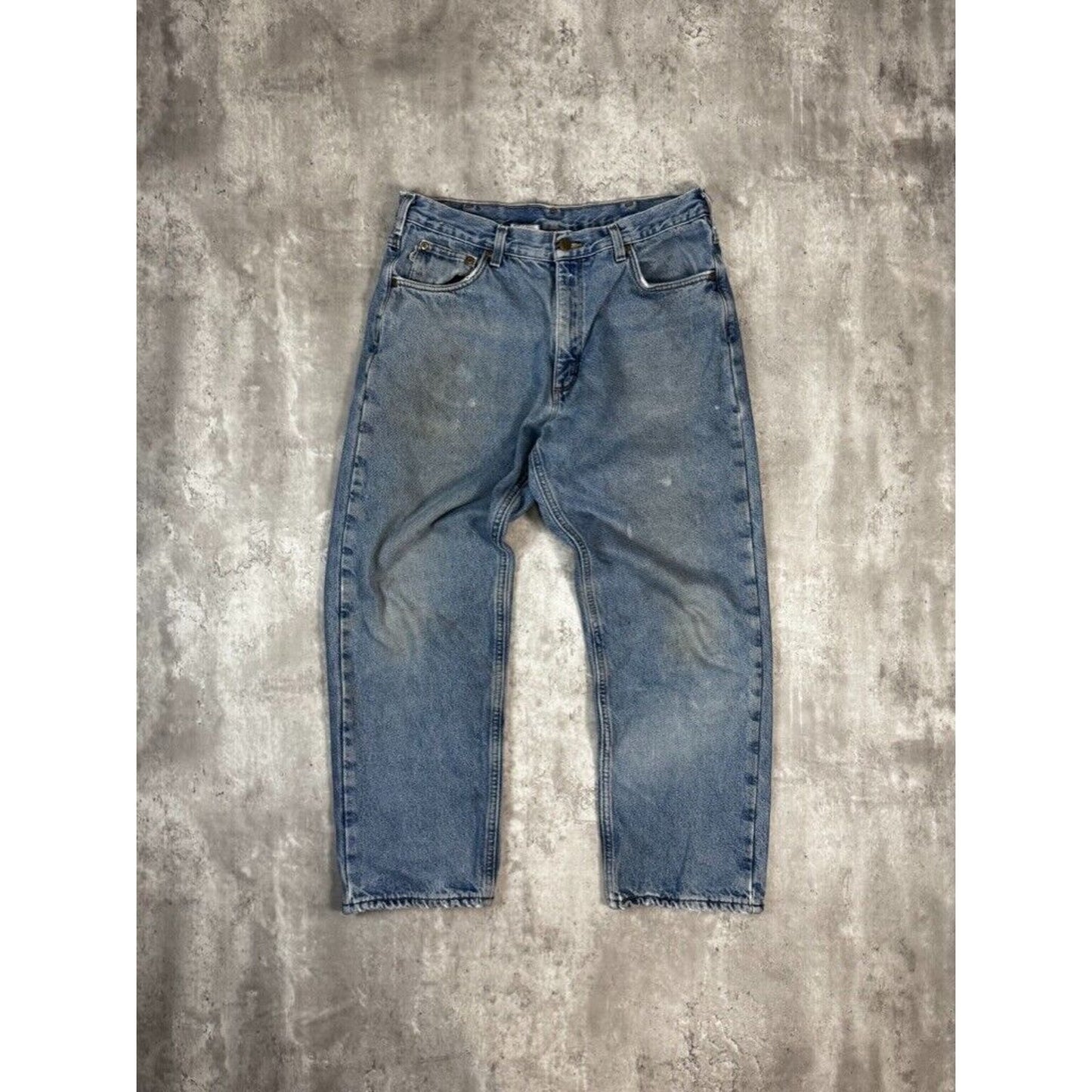Vintage Carhartt Relaxed Fit Plaid Lined Light Wash Denim Pants Size 34W Blue