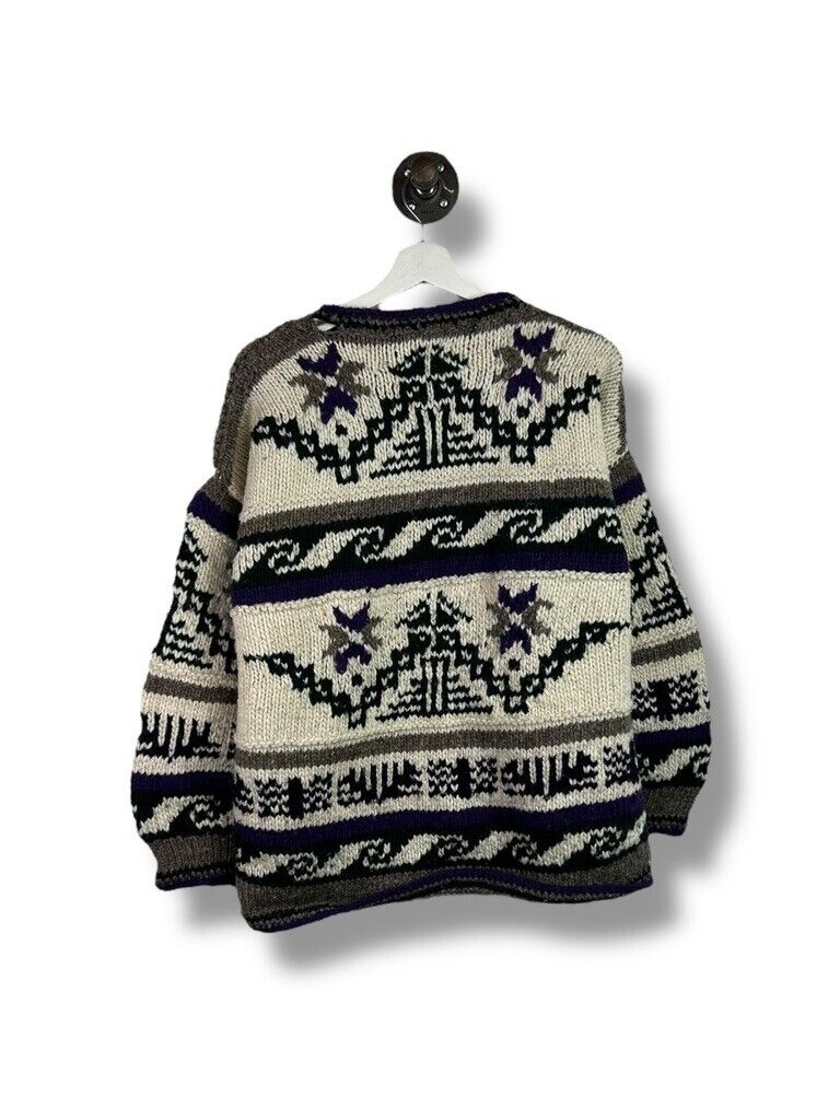 Vintage 80s Rey Wear Abstract Print 100% Wool Pocketed Cardigan Sweater Size Large