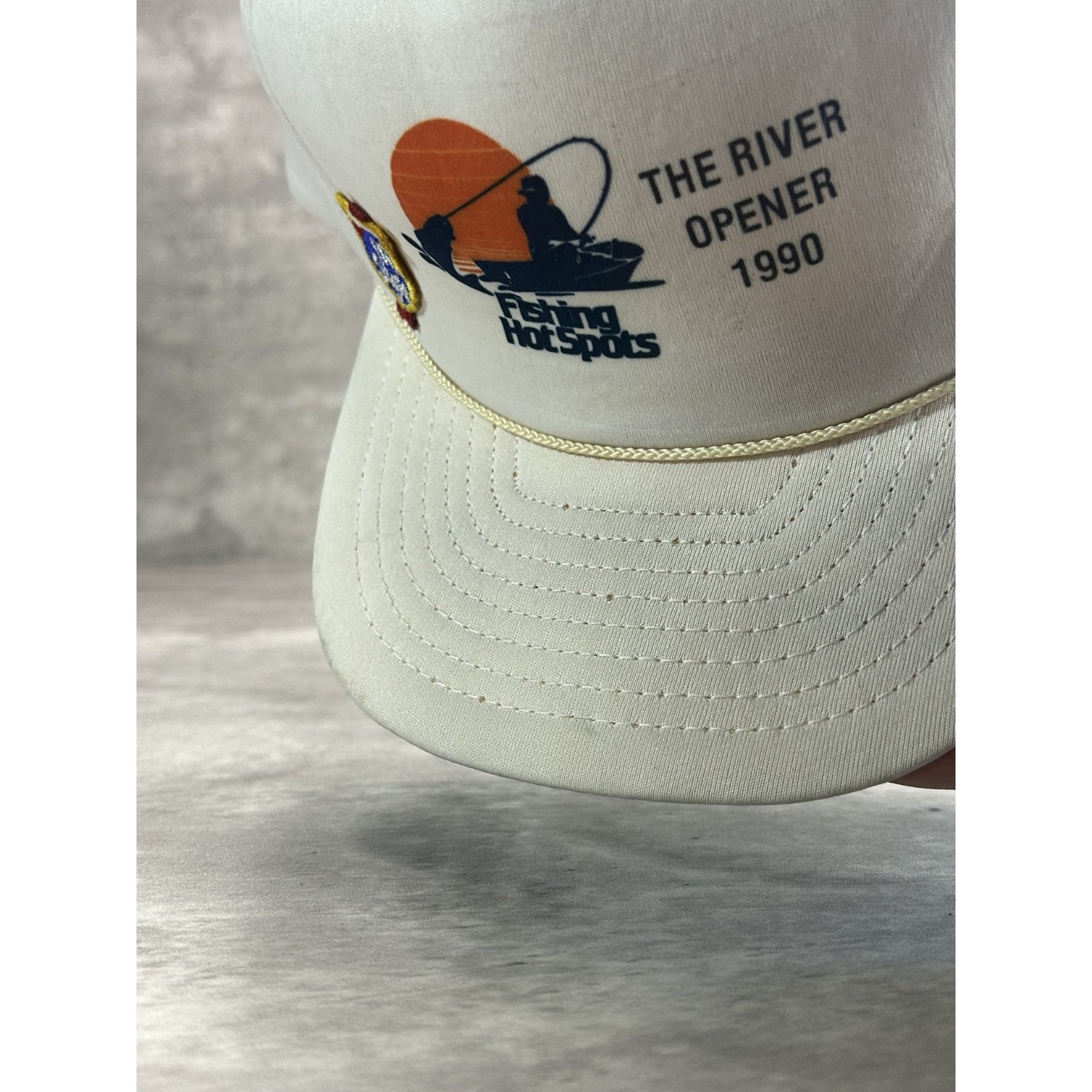 Vintage 1990 Fishing Spots The River Opener Graphic Trucker Snapback Hat OSFA