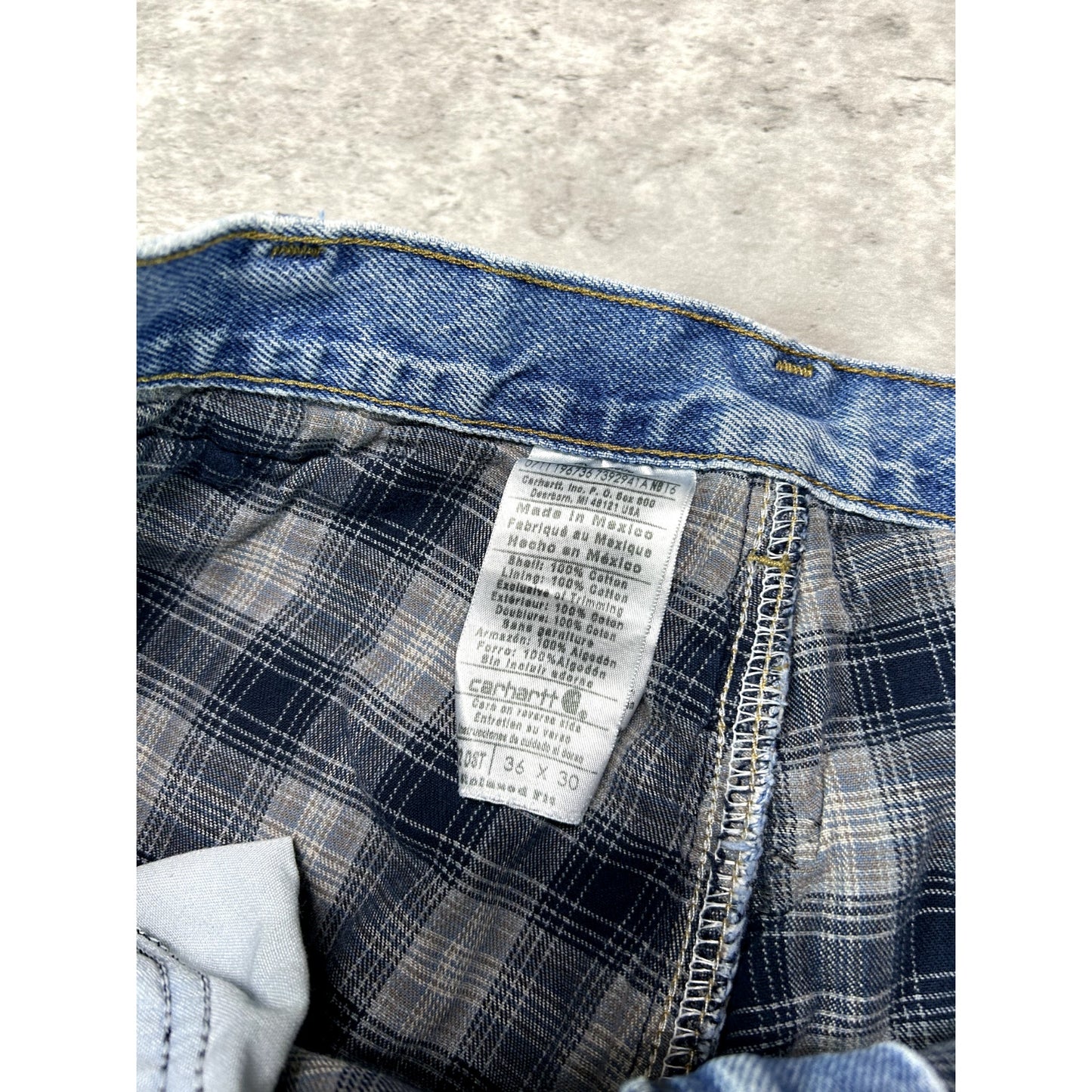 Vintage Carhartt Relaxed Fit Plaid Lined Light Wash Denim Pants Size 34W Blue