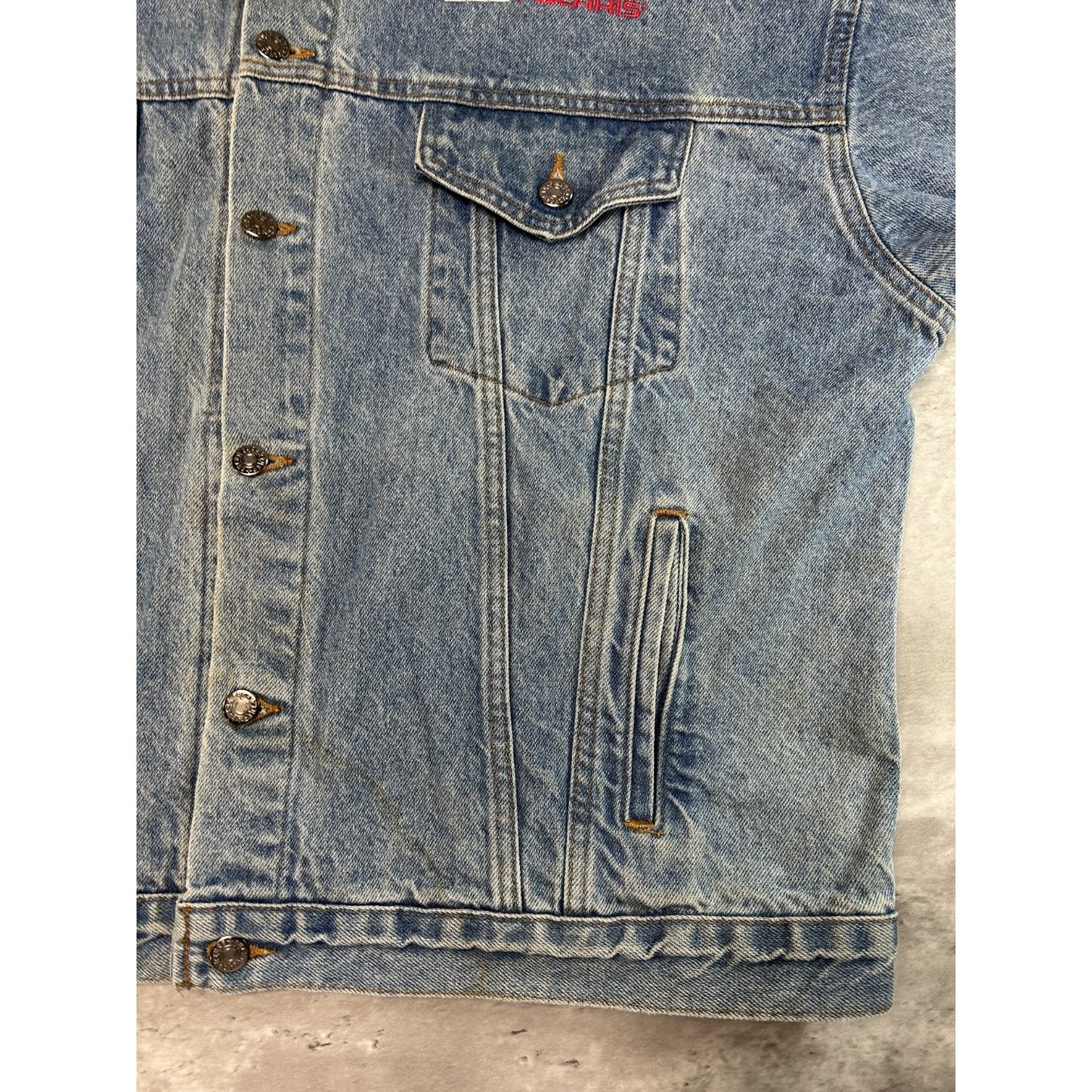 Vintage 90s Pro Polaris Embroidered Spellout Light Wash Denim Jacket Size XL