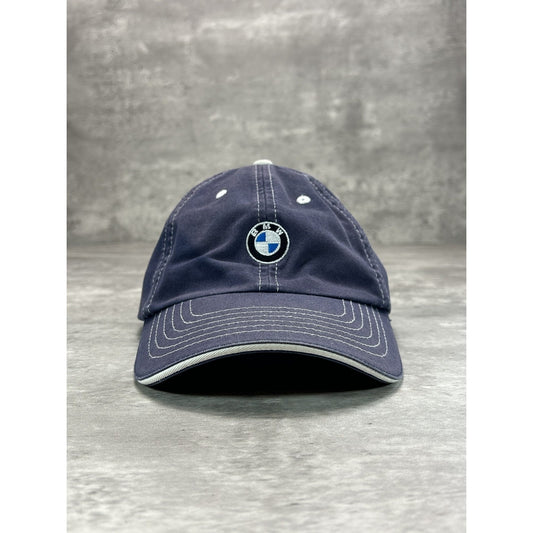 Vintage BMW Embroidered Logo Two Tone Strapback Hat OSFA Navy Blue/White