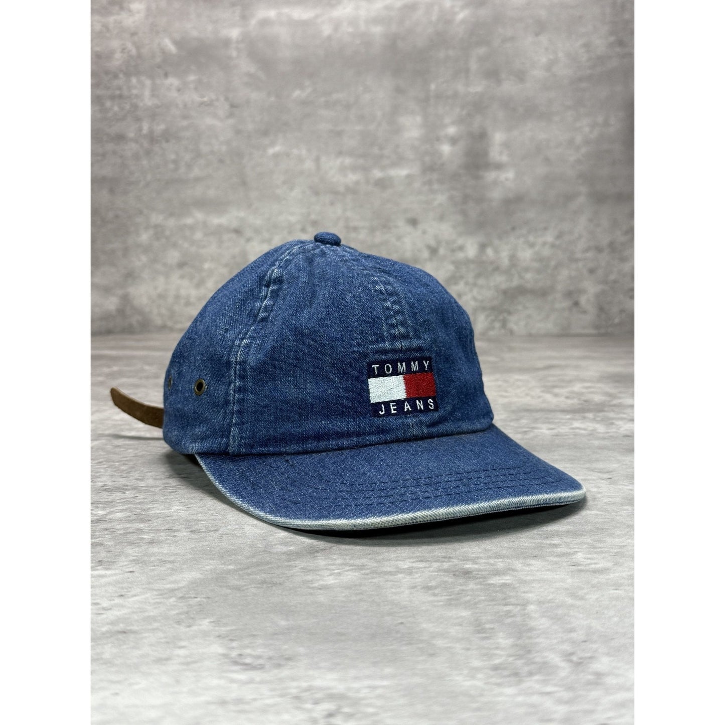 Vintage 90s Tommy Jeans Dark Wash Denim Embroidered Patch Strapback Hat OSFA