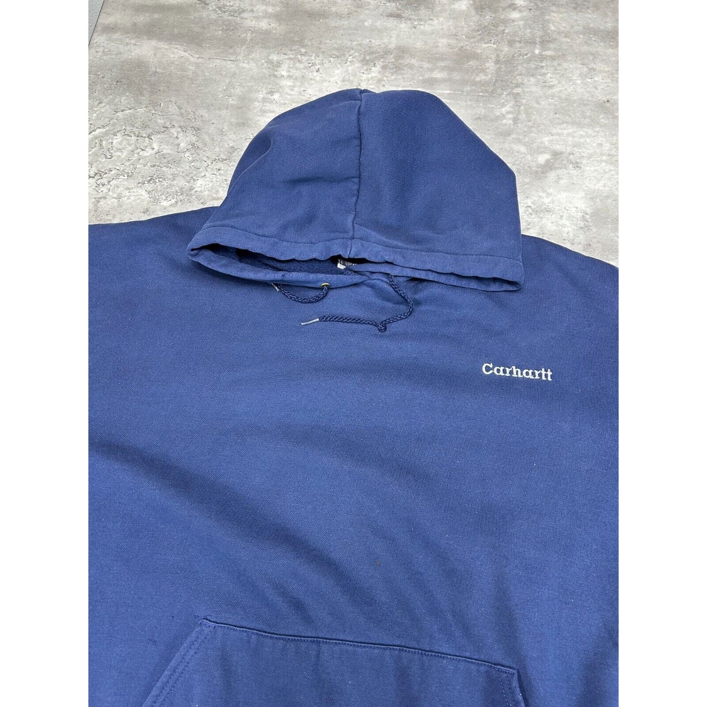 Vintage Carhartt Embroidered Spellout Hooded Workwear Sweatshirt Size XXL Blue