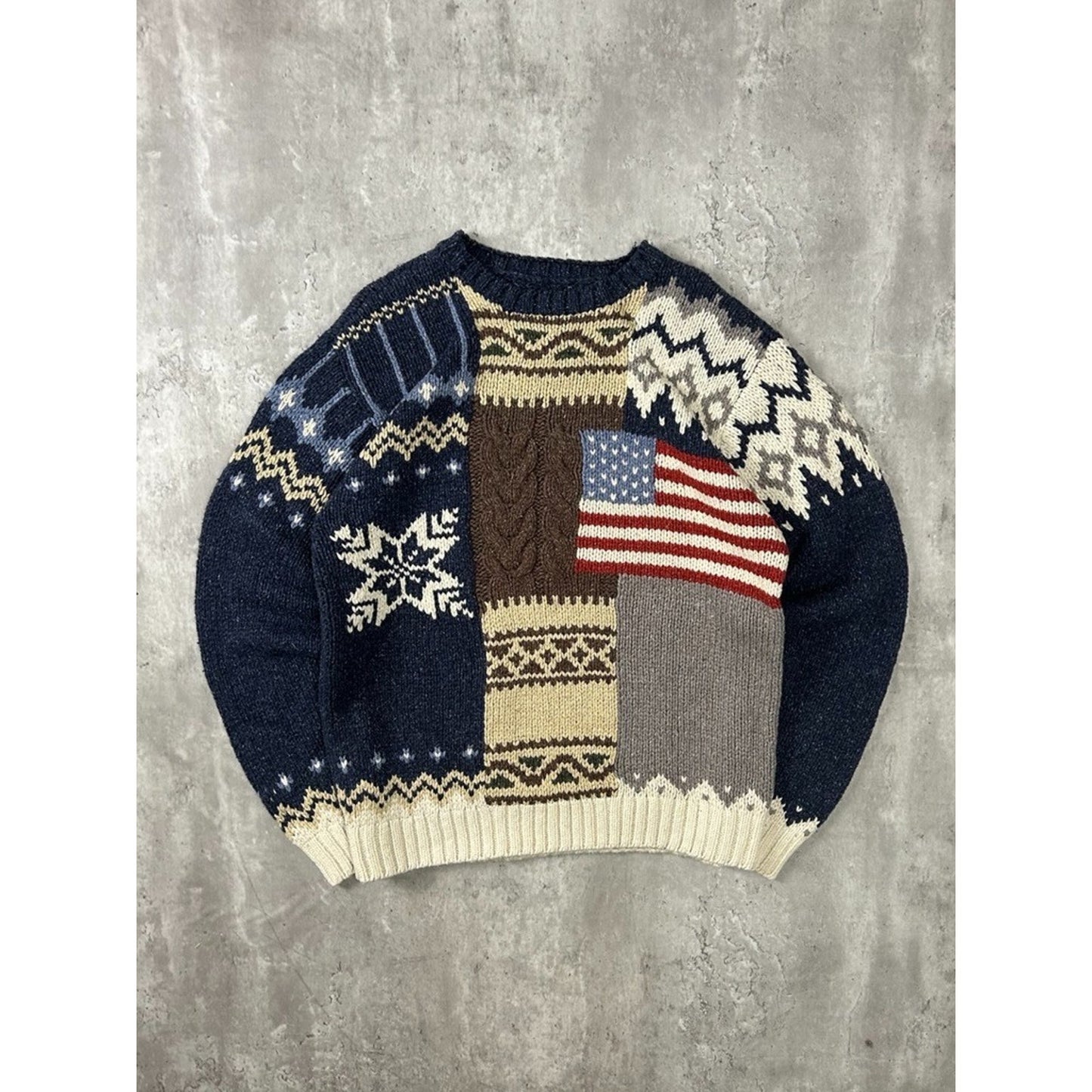 Vintage 90s American Flag Abstract Print Pullover Knit Sweater Size Large