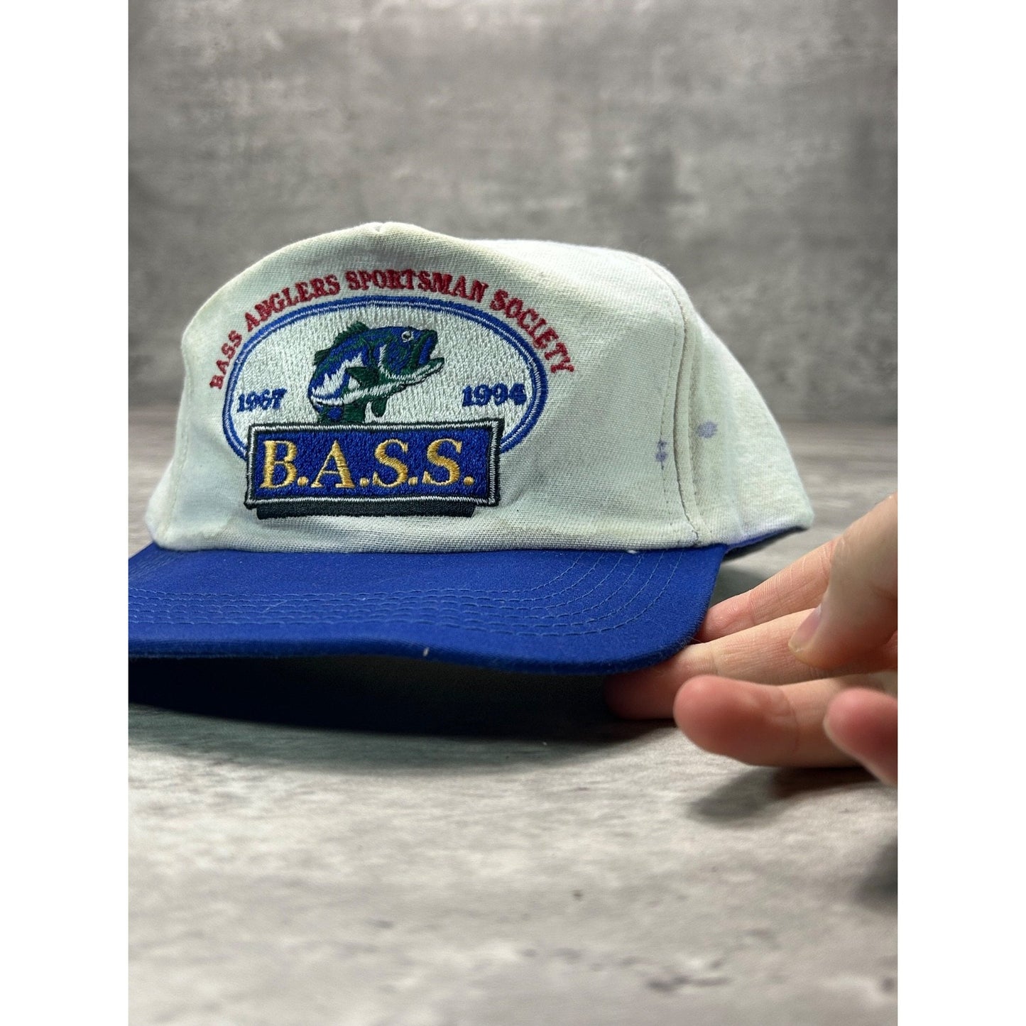 Vintage 90s Bass Fishing Embroidered Spellout Logo Snapback Hat OSFA