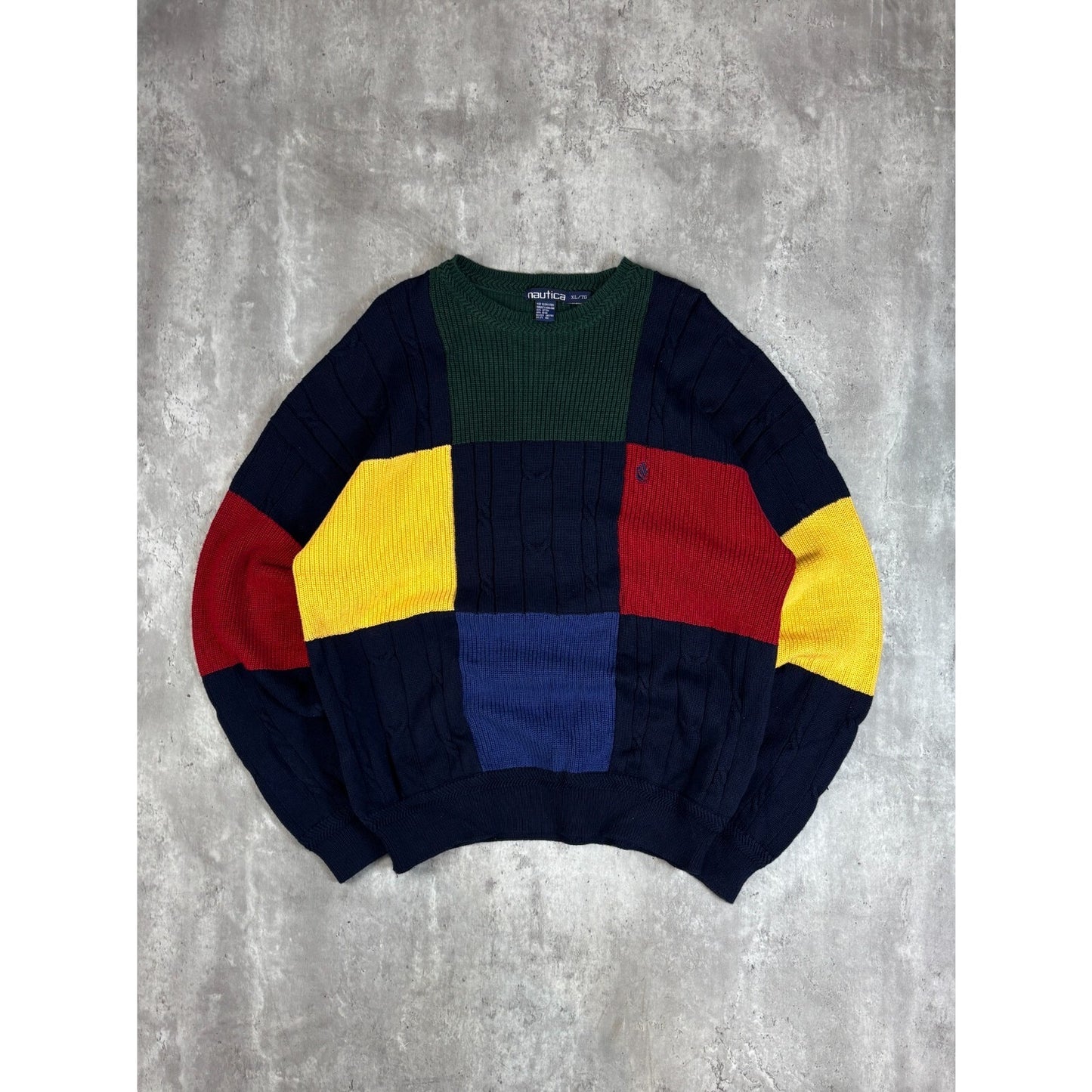 Vintage Nautica Embroidered Crest Panelled Ribbed Knit Sweater Size XL