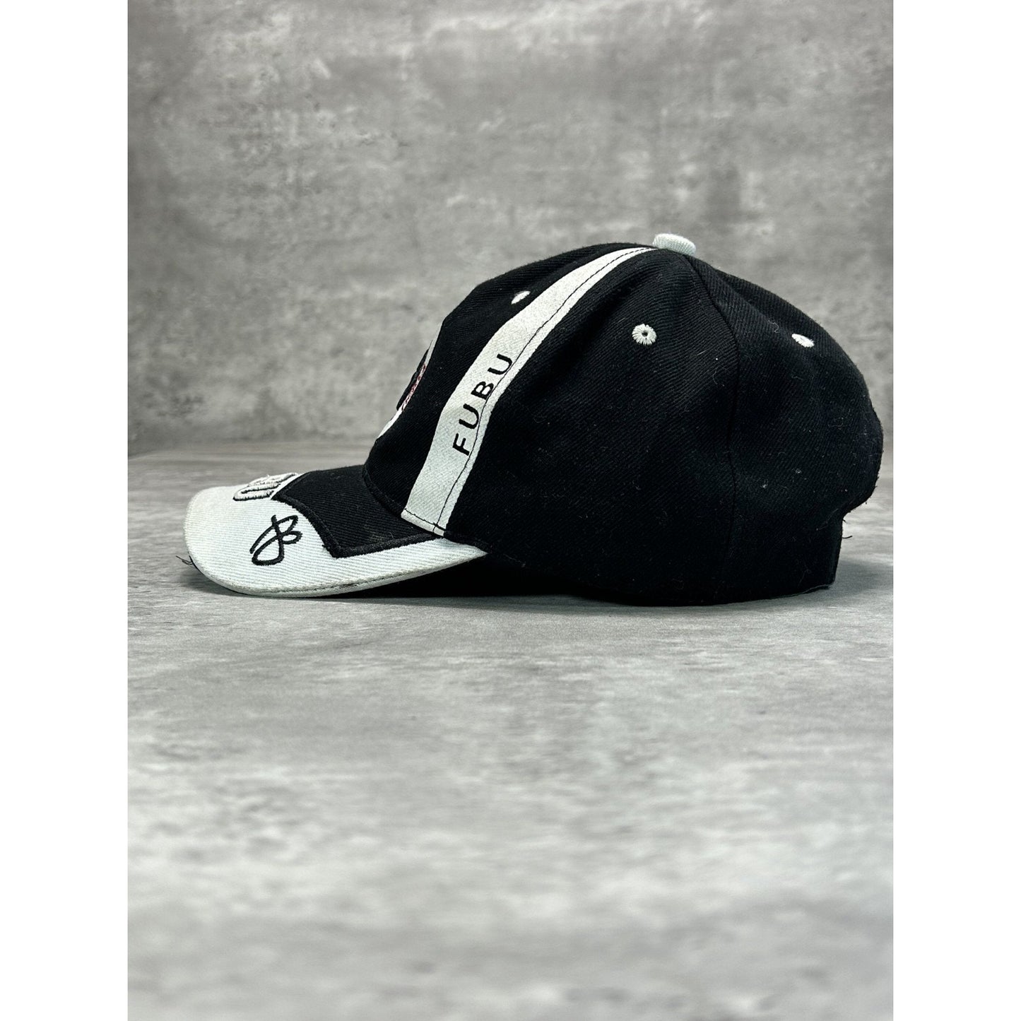 Vintage Y2K Fubu Embroidered Spellout Two Tone Strapback Hat OSFA Black/White