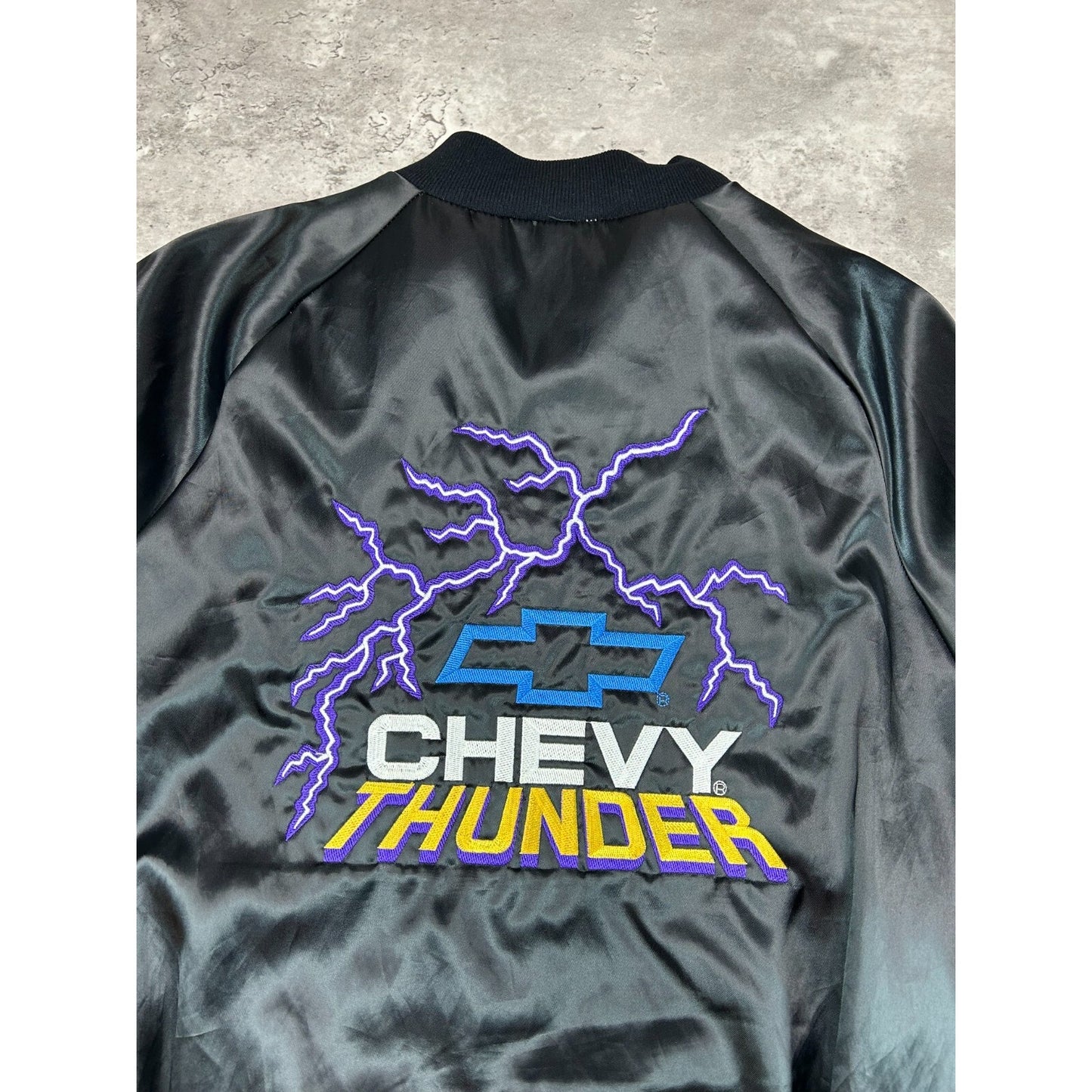Vintage 80s Chevy Thunder Embroidered Lightning Satin Bomber Jacket Size Medium