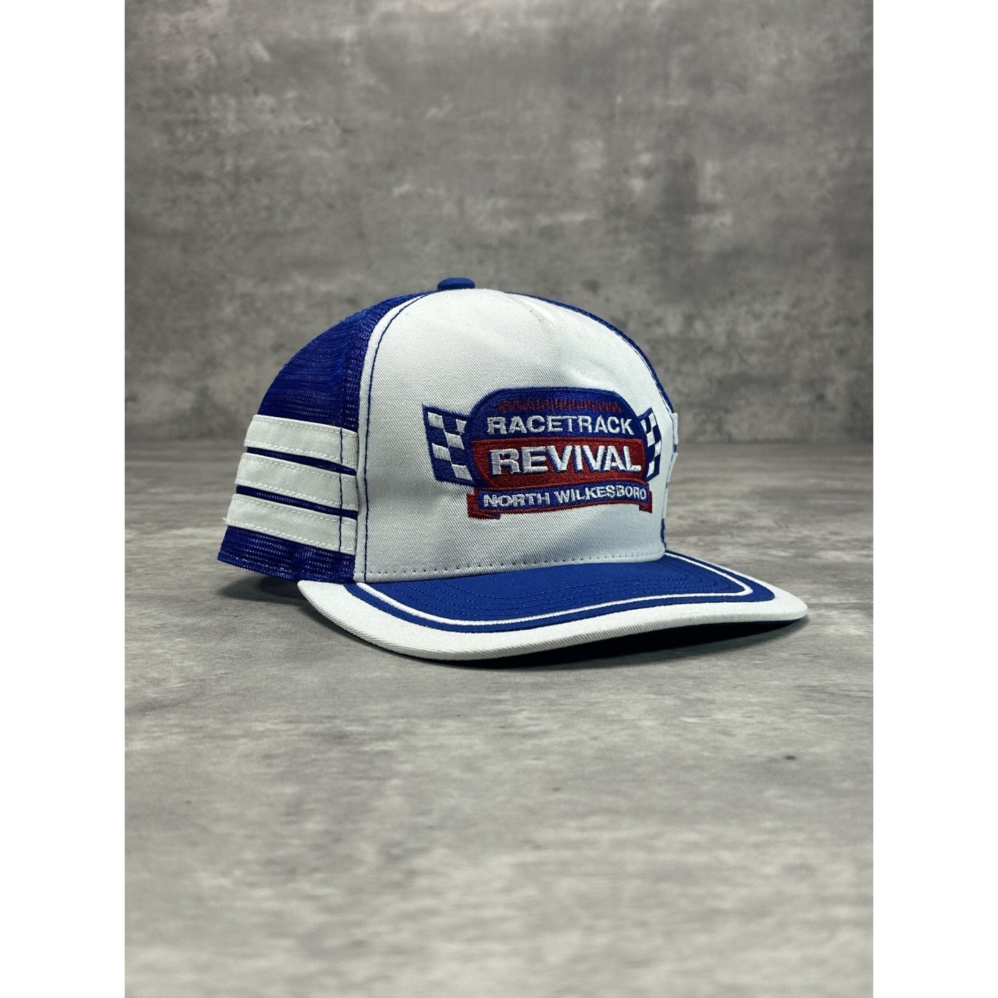Vintage 90s Racetrack Revival Embroidered Three Stripe Trucker Snapback Hat OSFA