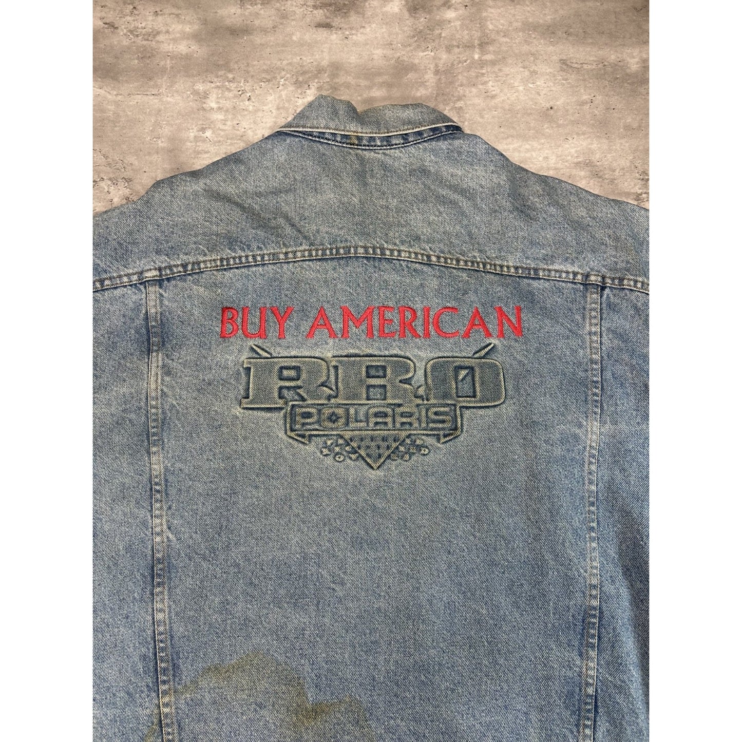 Vintage 90s Pro Polaris Embroidered Spellout Light Wash Denim Jacket Size XL