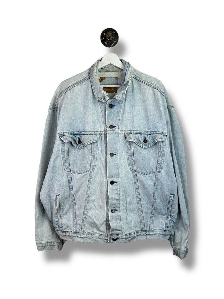 Vintage 80s Levis Red Tab Medium Wash Distressed Denim Trucker Jacket Size XL