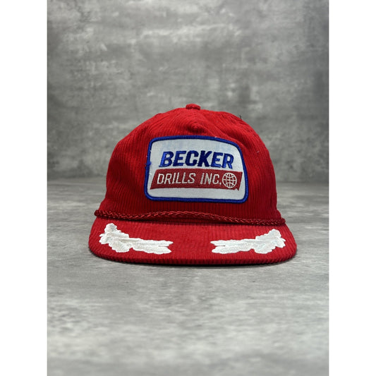Vintage 80s Becker Drills Embroidered Corduroy Scrambled Eggs Strapback Hat OSFA