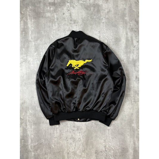 Vintage 80s Ford Mustang Embroidered Logo Satin Bomber Jacket Size Medium Black