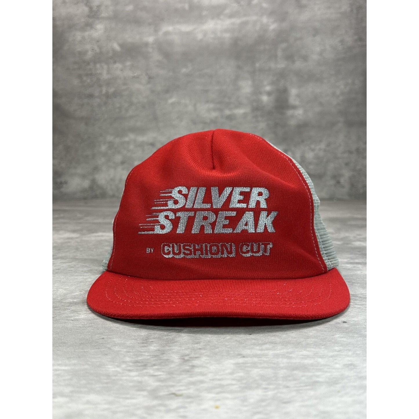 Vintage 80s Silver Streak Cushion Cut Graphic Spellout Trucker Snapback Hat OSFA