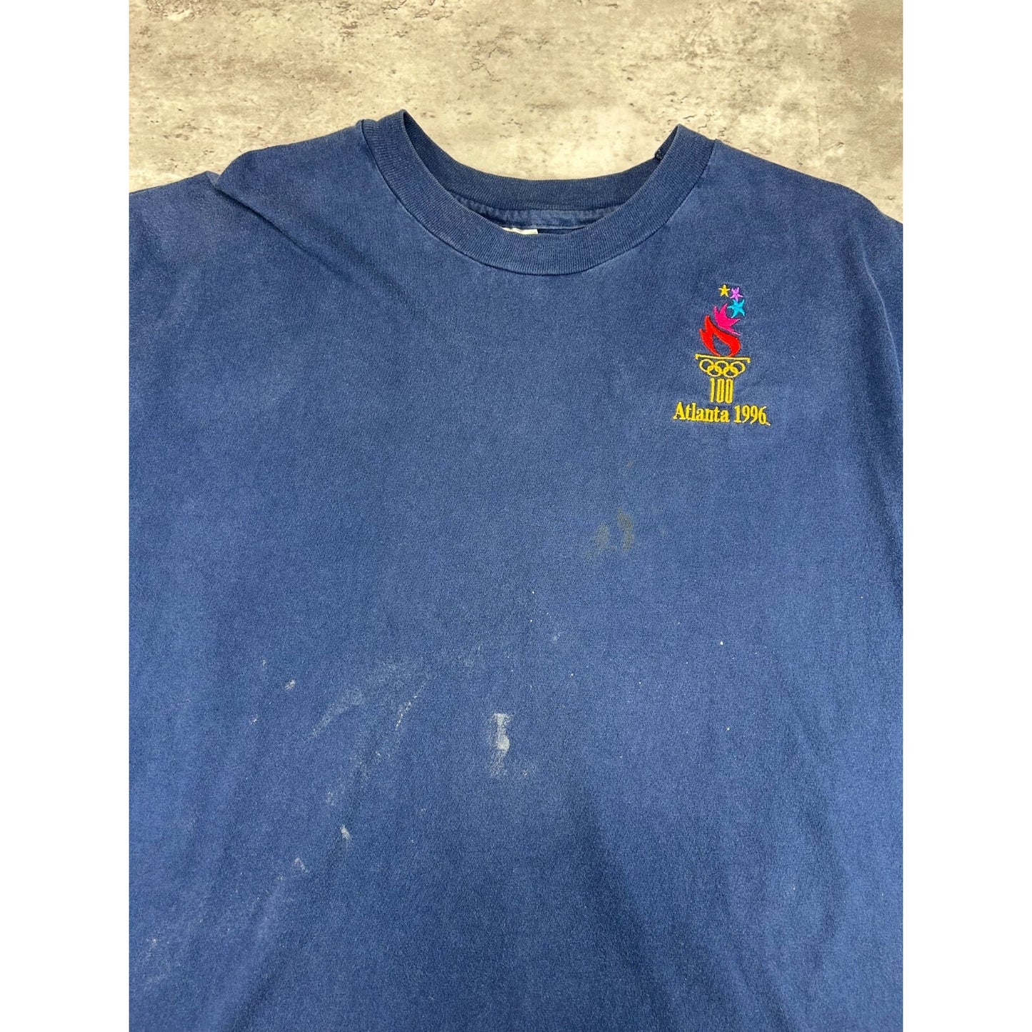 Vintage 1996 Atlanta Olympics Graphic Spellout Logo T-Shirt Size XL Blue