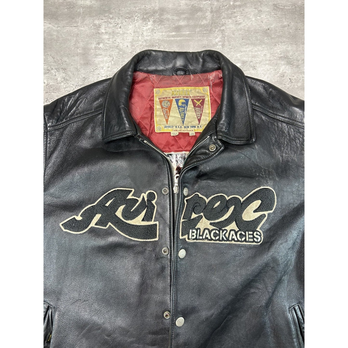 Vintage 90s Avirex Black Aces Embroidered Spellout Leather Jacket Size 3XL