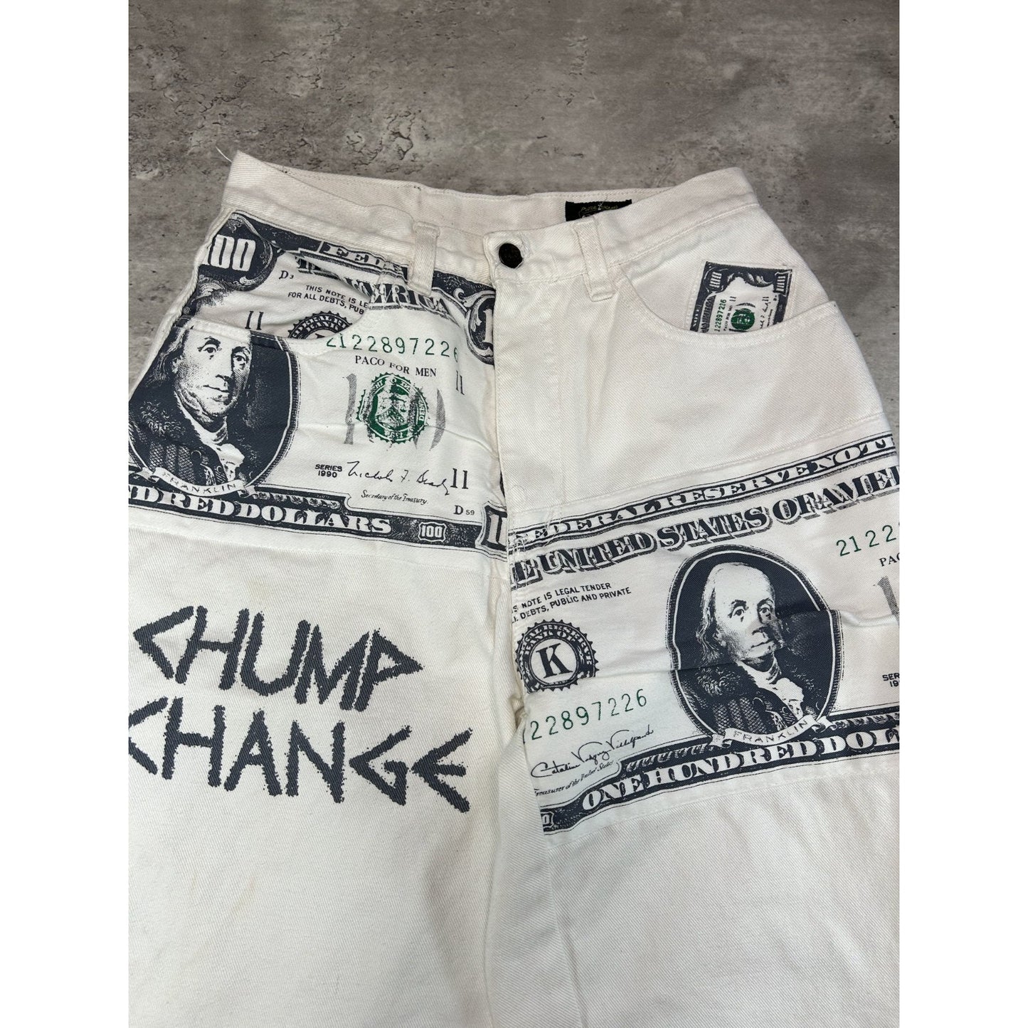 Vintage Y2K Paco Jeans Hundred Dollar Bill Patch Work White Denim Shorts Sz 28