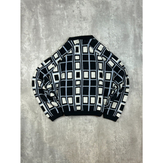 Vintage 90s Van Cort Abstract Checkered Print Pullover Knit Sweater Size Large Black