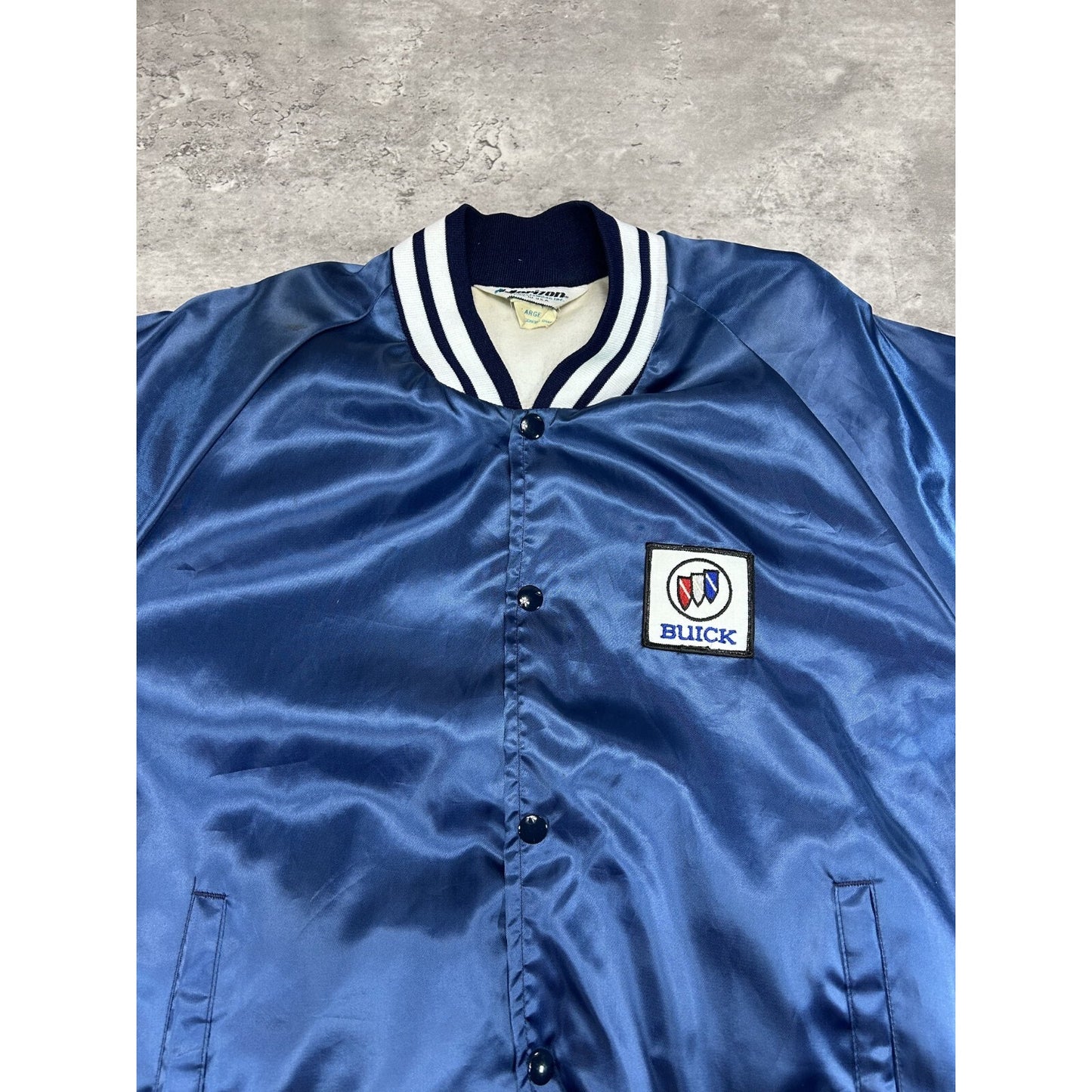 Vintage 80s Buick Embroidered Patch Satin Bomber Jacket Size Large Blue