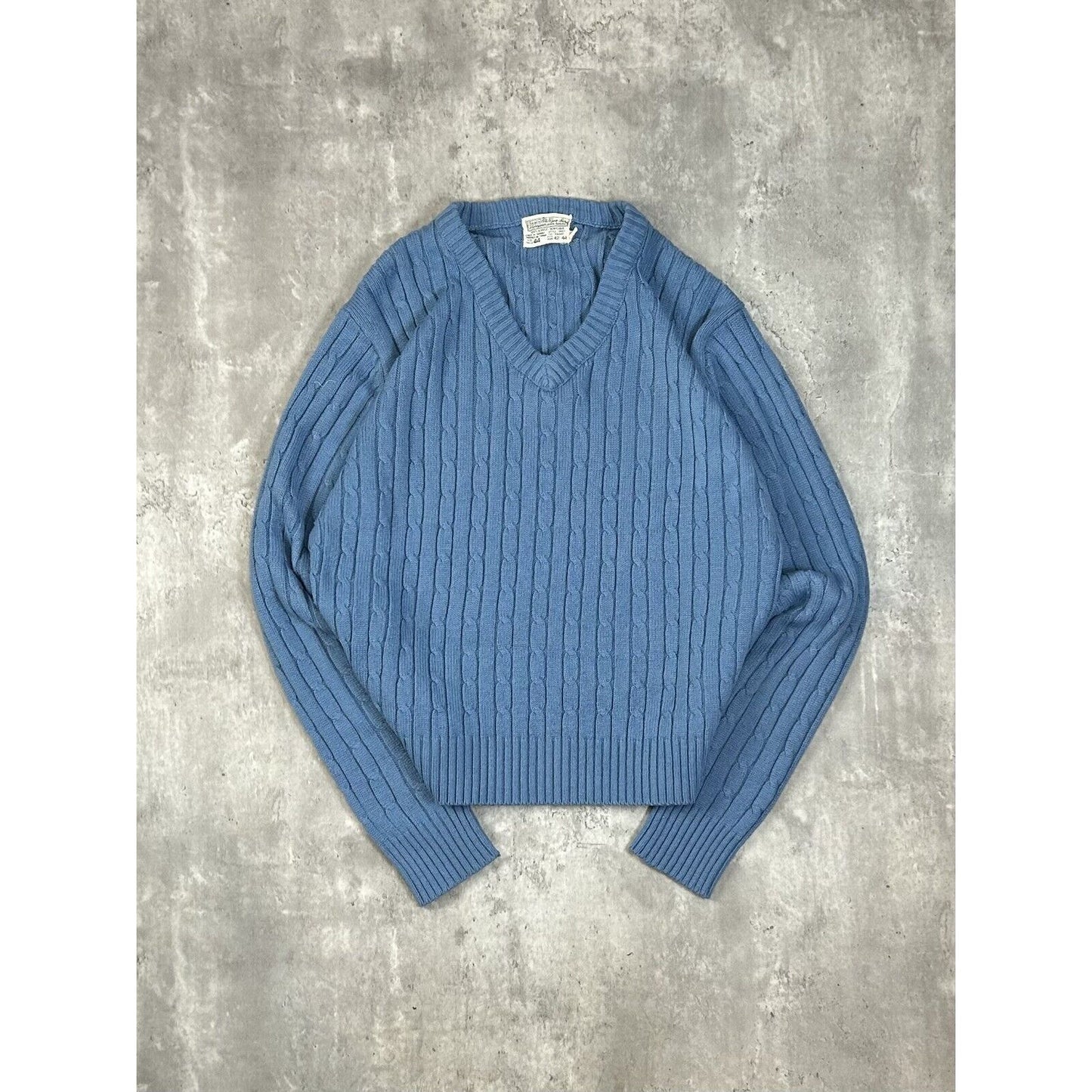 Vintage 1970s Sears V Neck Pull Over Cable Knit Sweater Size Large Blue