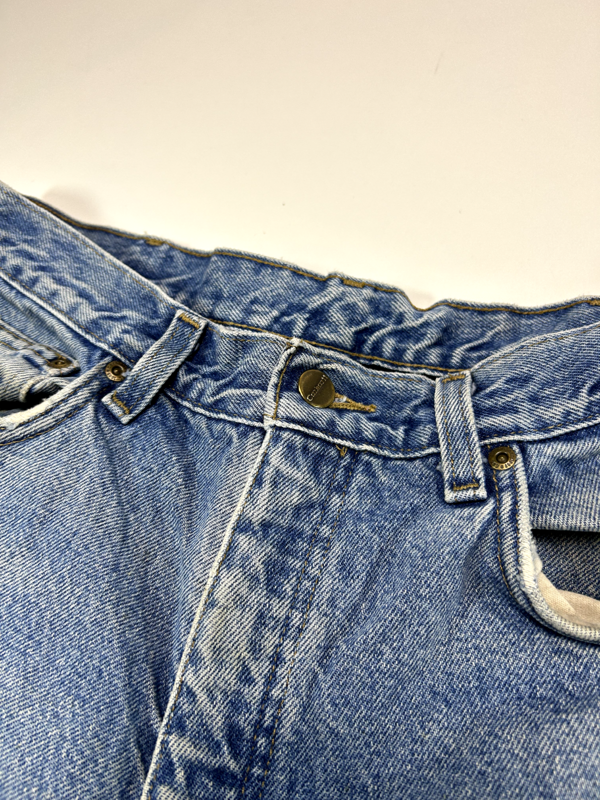 Vintage Carhartt Fleece Lined Medium Wash Denim Workwear Pants Size 34W Blue