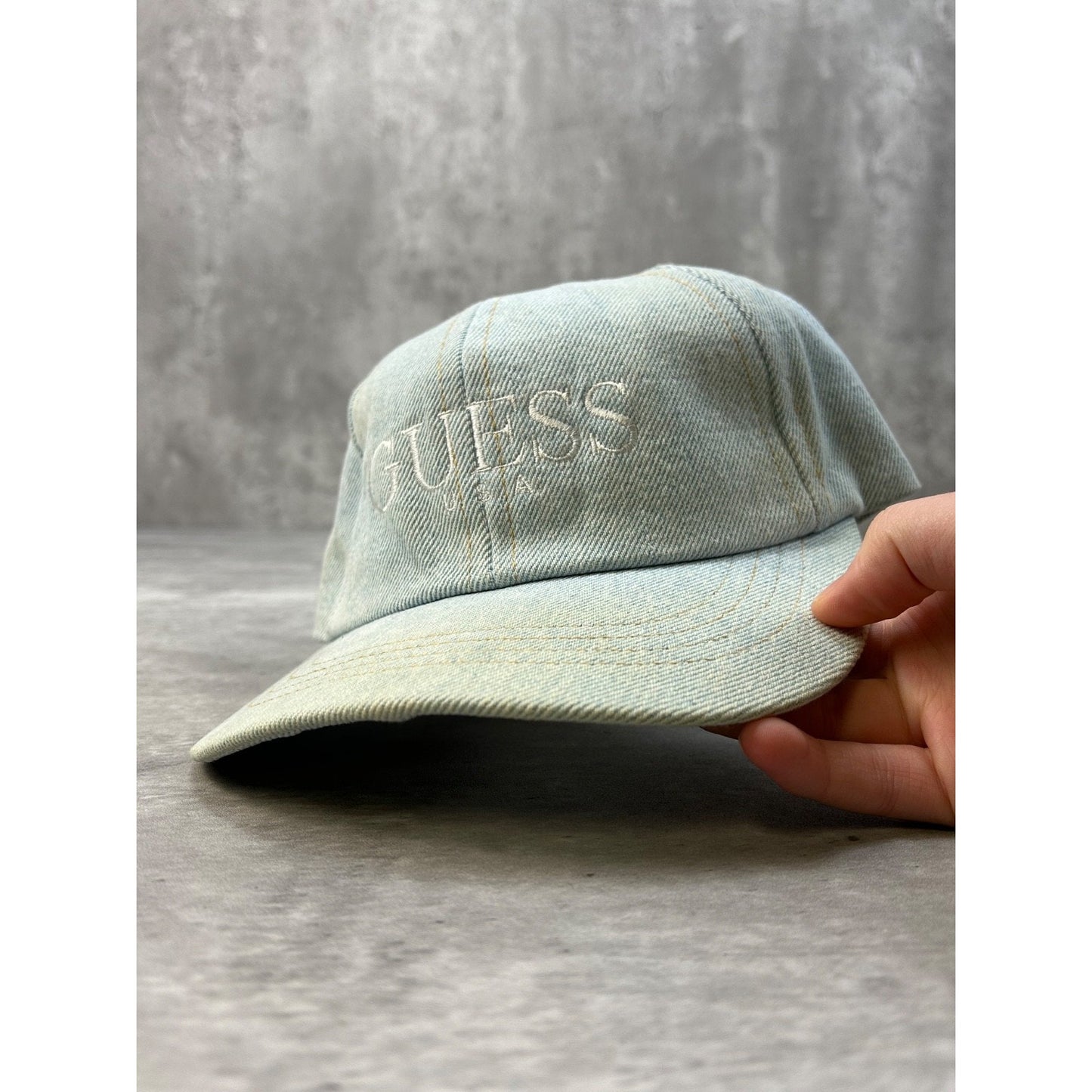Vintage 90s Guess USA Light Wash Denim Embroidered Spellout Snapback Hat OSFA