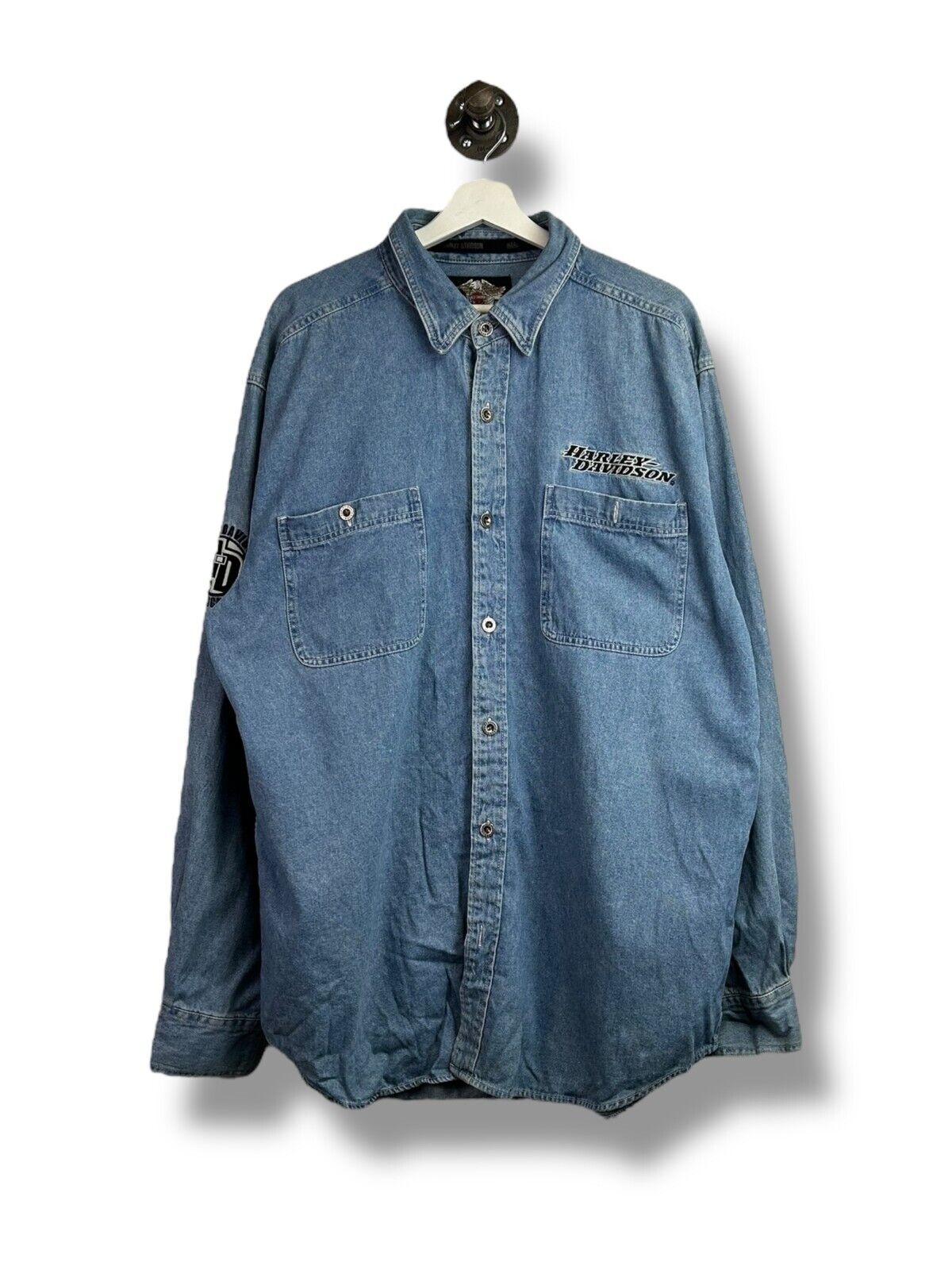 Harley Davidson Embroidered Denim Long Sleeve Button Up Shirt Size XLT Blue