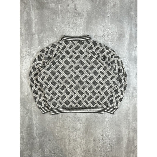 Vintage 90s Bugle Boys Abstract Print 1/4 Button Knit Sweater Size Large Gray