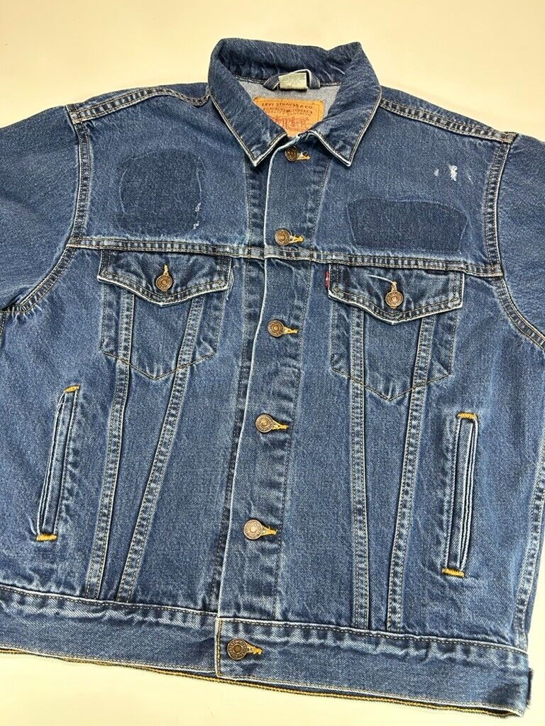 Vintage 90s Levis Red Tab Dark Wash Denim Type 3 Trucker Jacket Size Small Blue