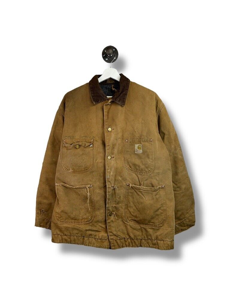 Vintage 70s Carhartt Blanket Lined Canvas Workwear Chore Jacket Size XL Beige