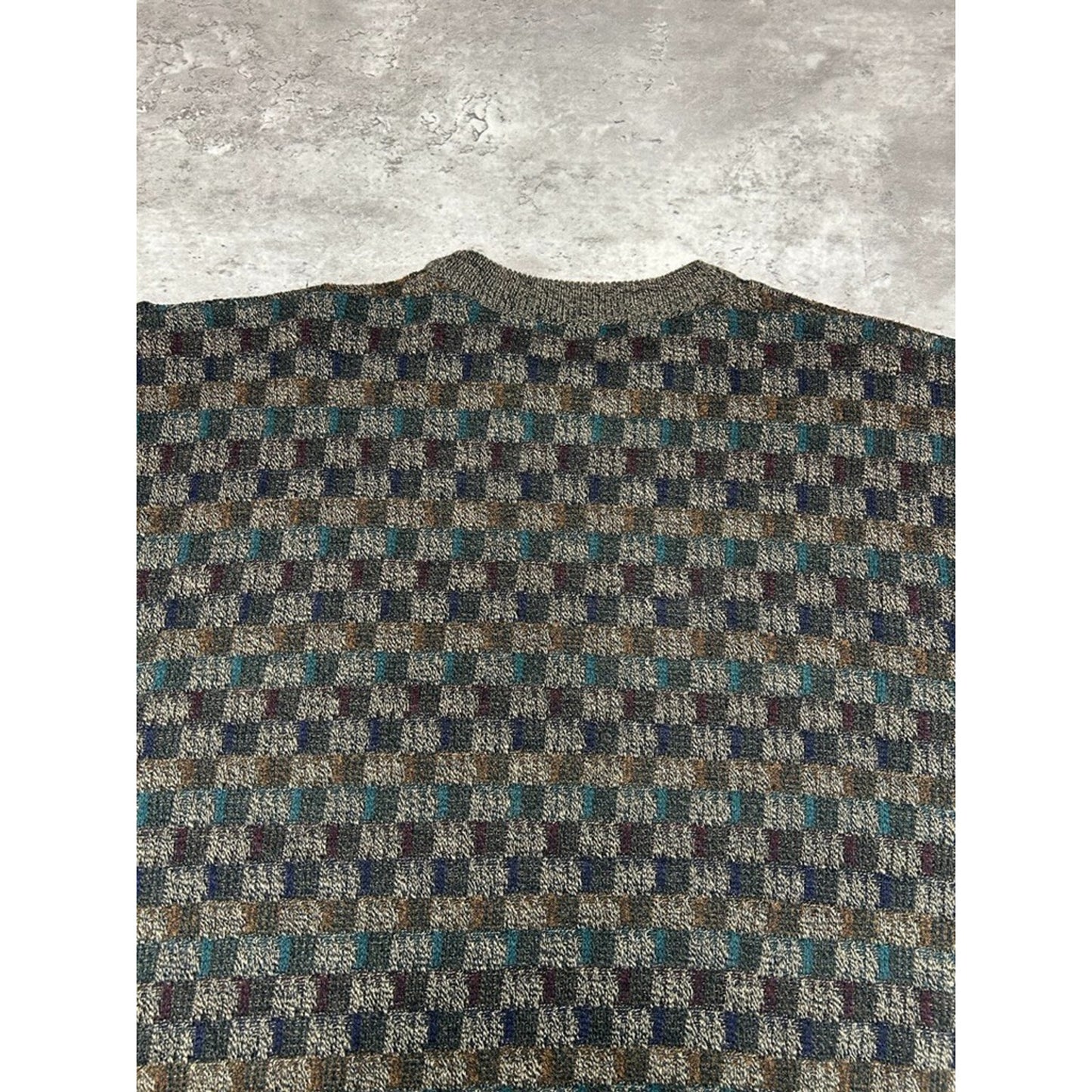 Vintage 90s Geoffrey Beene Checkered Print Earth Tone Knit Sweater Size Large