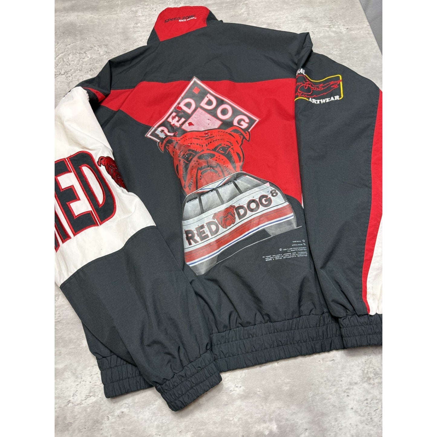 Vintage 90s Kenny Wallace #8 Nascar Red Dog Paw Print Jacket Size 2XL