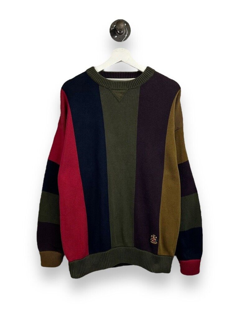 Vintage Woods & Gray Color Block Striped Embroidered Crest Knit Sweater Size Large