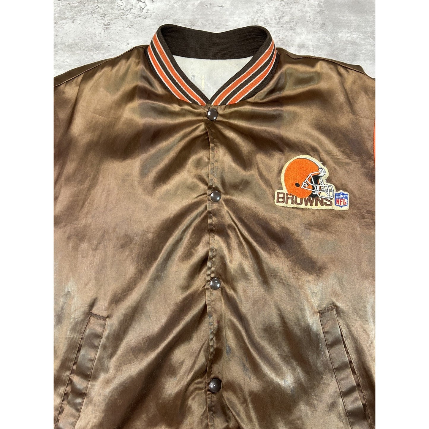 Vintage 90s Cleveland Browns NFL Embroidered Logo Satin Bomber Jacket Size Large