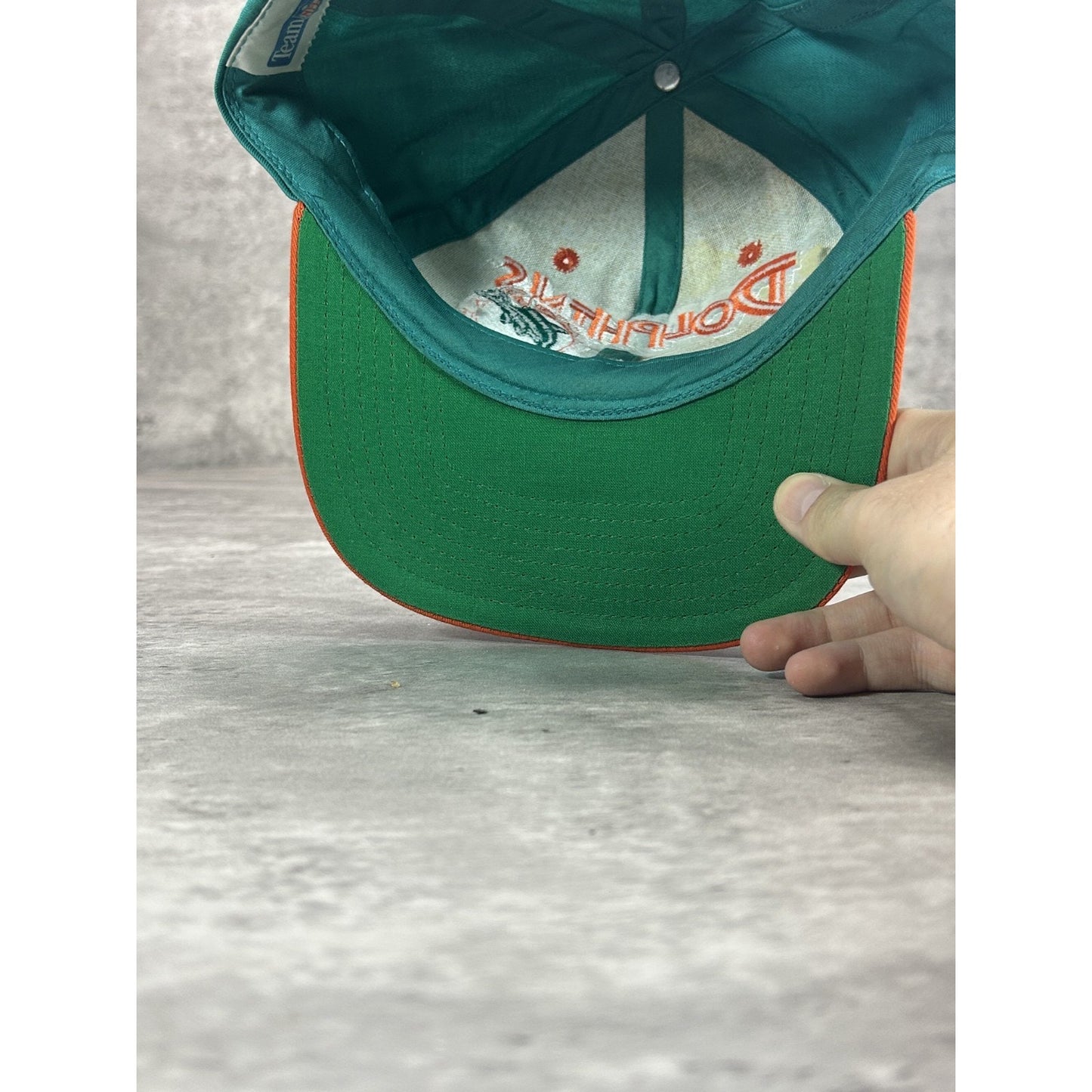 Vintage 90s Miami Dolphins NFL Embroidered Spellout Logo Snapback Hat OSFA