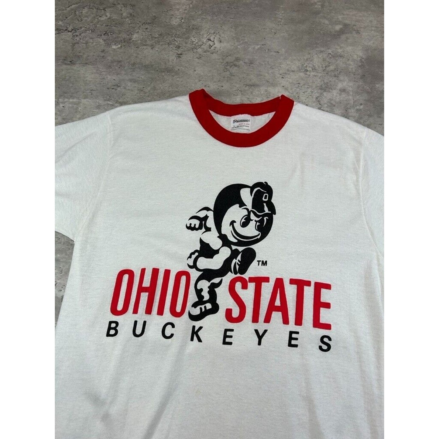 Vintage 1980s Ohio State Buckeyes NCAA Mascot Graphic Ringer T-Shirt Size Large