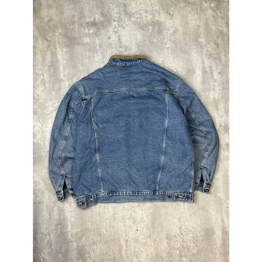 Vintage 90s Mac Tools Medium Wash Denim Trucker Jacket Size XL Blue