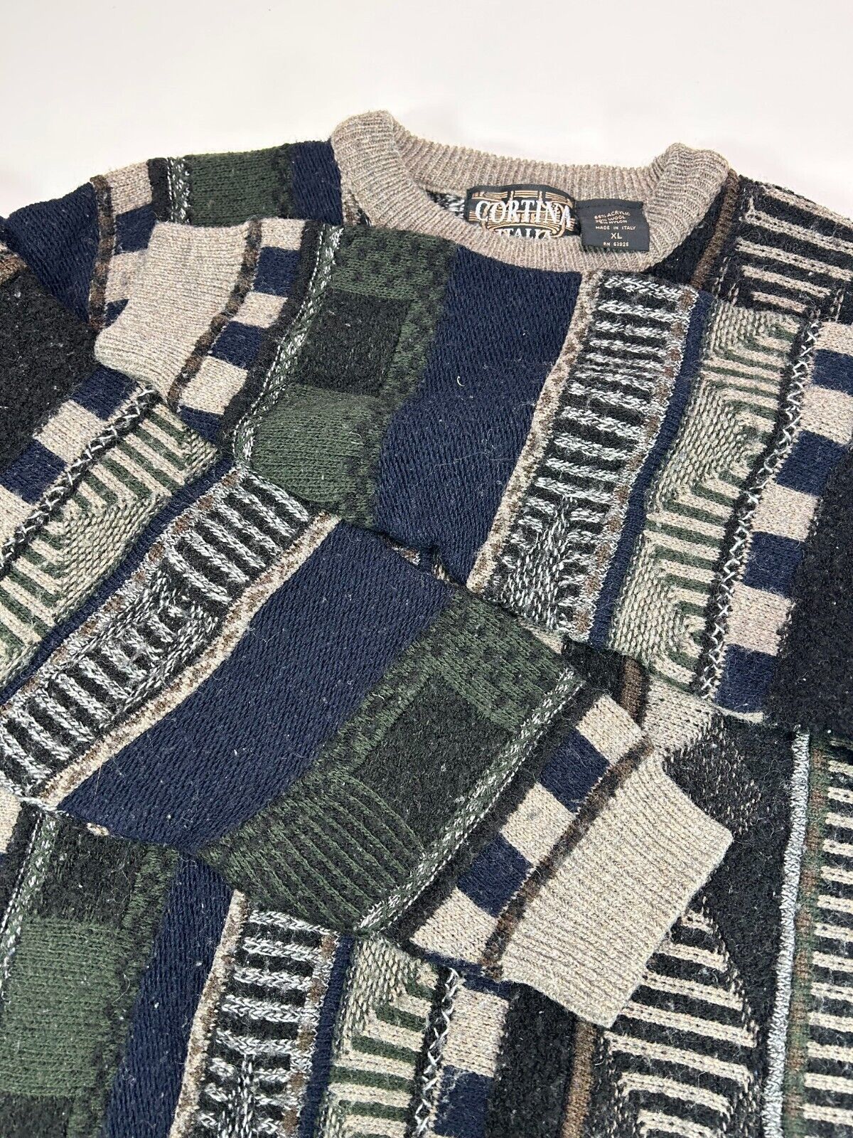 Vintage 90s Cortina Itali Abstract Stripe Pattern Ribbed Knit Sweater Size XL