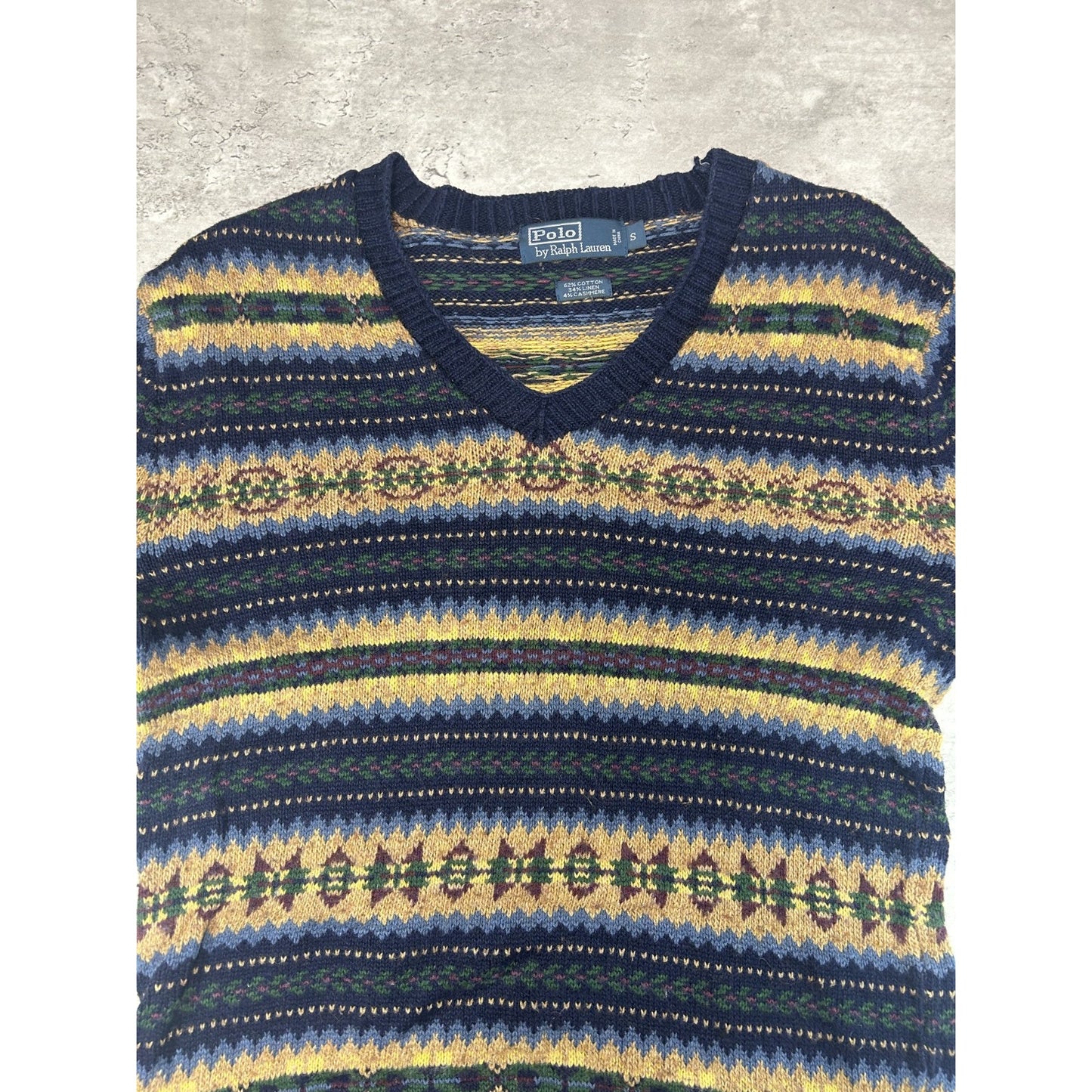 Vintage 90s Polo Ralph Lauren Abstract Striped V-Neck Knit Sweater Size Small