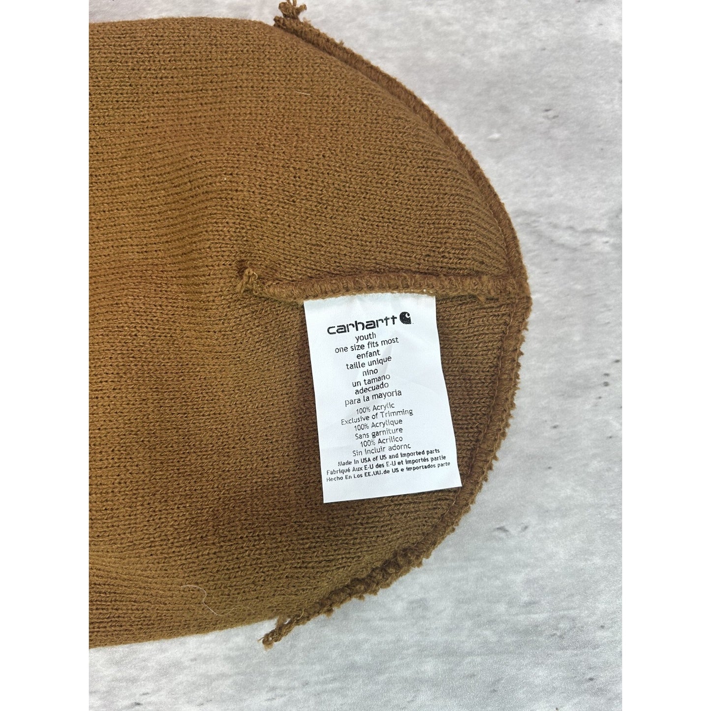 Vintage Carhartt Workwear Embroidered Patch Beanie Hat OSFA Brown YOUTH