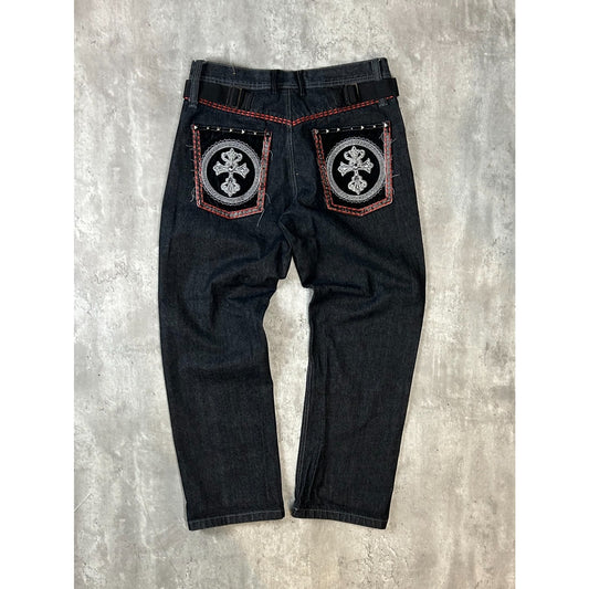 Vintage Y2K Akcess Embroidered Back Pocket Black Denim Pants Size 37
