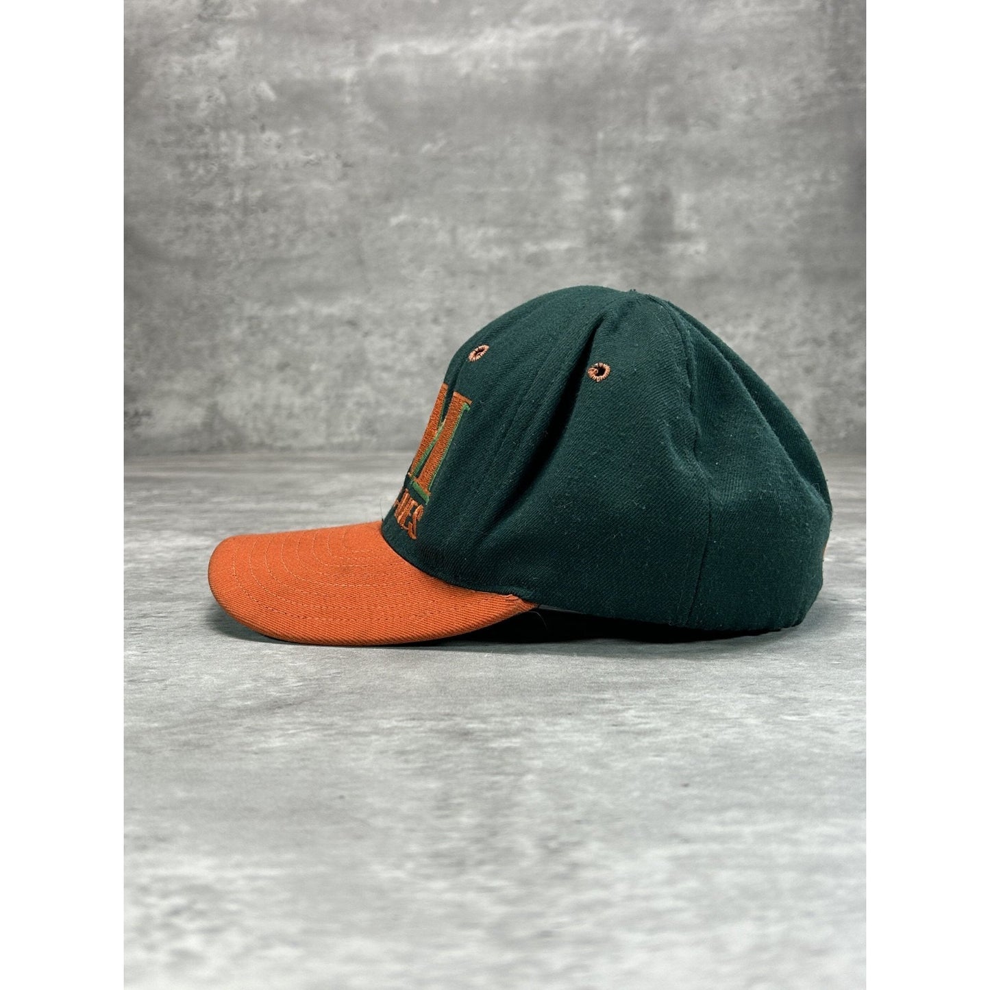 Vintage 90s Miami Hurricanes NCAA Embroidered Spellout Fitted Hat 7 Green