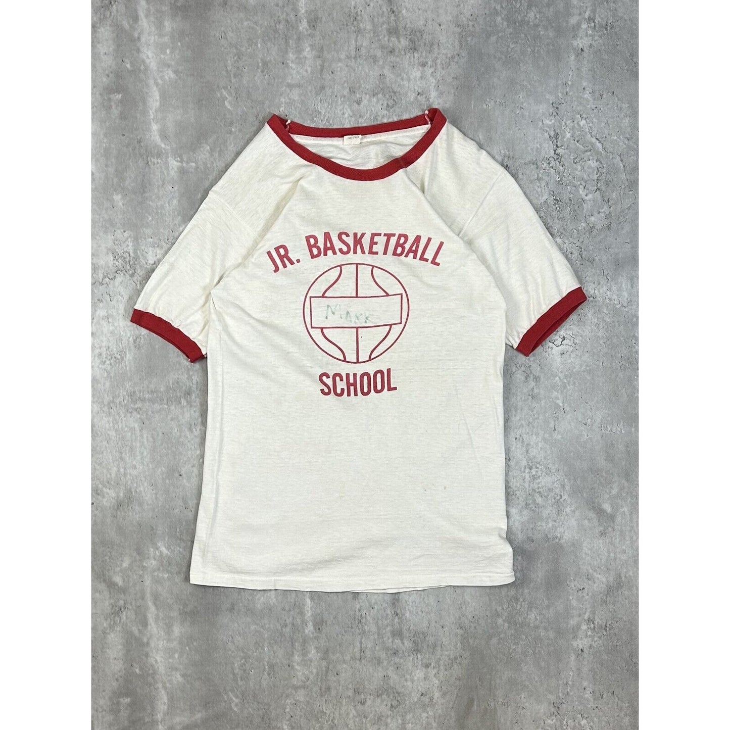 Vintage 1970 Jr Basketball School Graphic Spell Out Ringer T-Shirt Size Medium