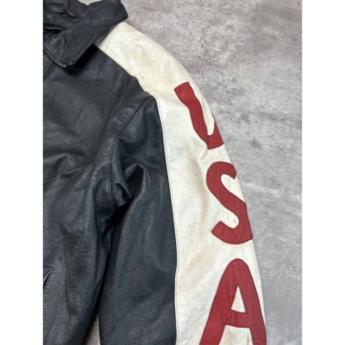 Vintage USA Embroidered Flag Spell Out Leather Bomber Jacket Size Large Black