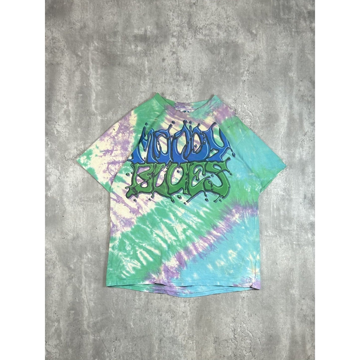 Vintage 1991 Moody Blues Tye Dye Rock Music Graffiti Spellout T-Shirt Size XL