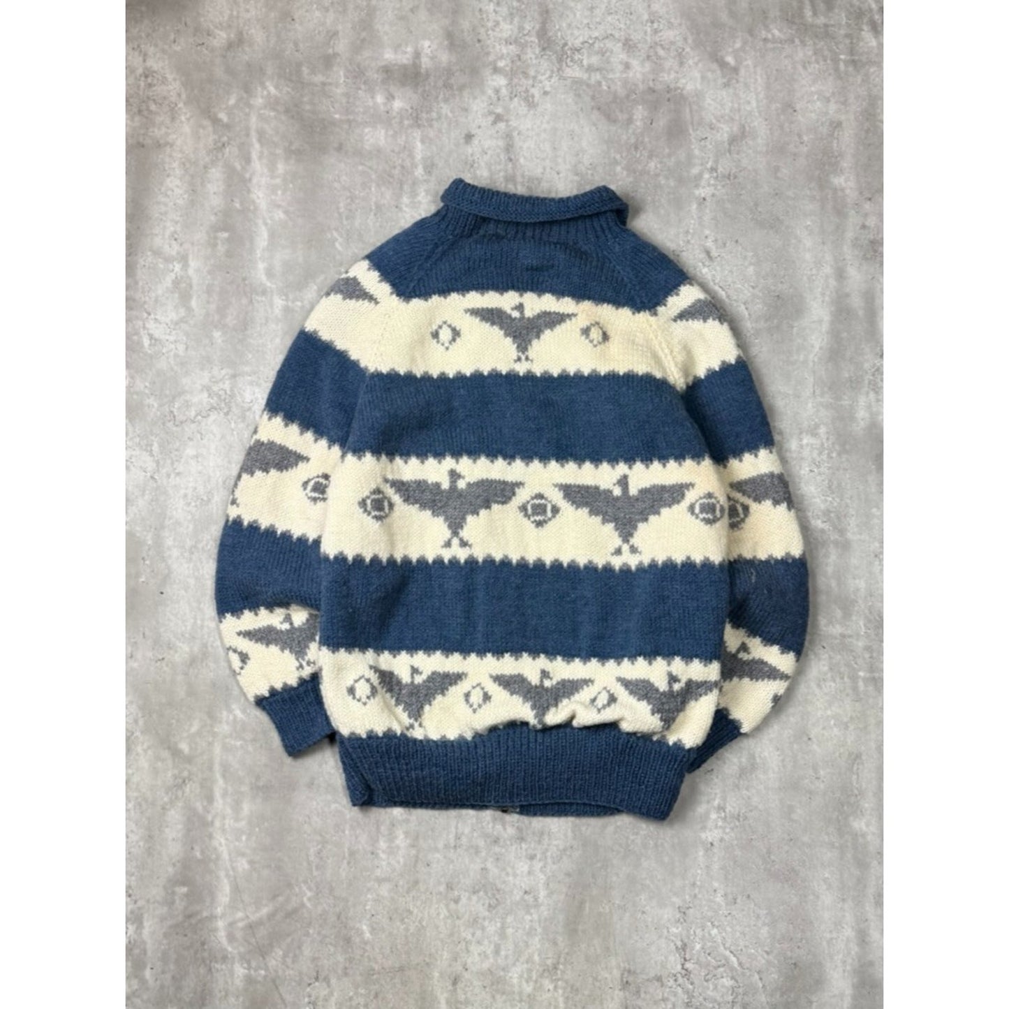 Vintage 80s Bird Print Striped Full Zip Collared Knit Sweater Size Large