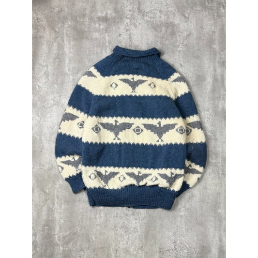 Vintage 80s Bird Print Striped Full Zip Collared Knit Sweater Size Large