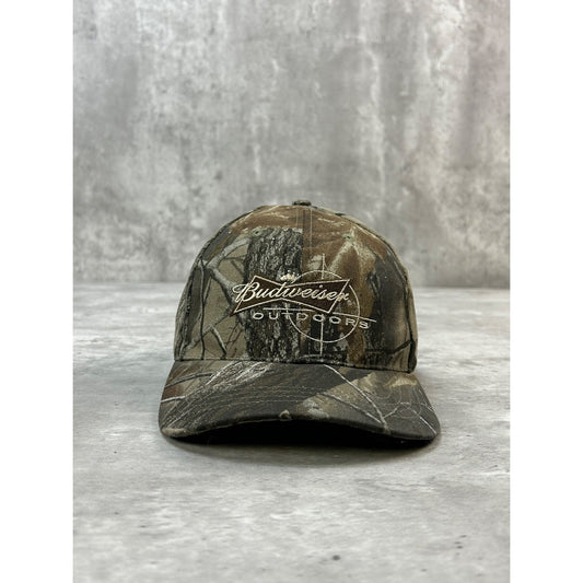 Vintage Budweiser Outdoors Embroidered Tree Camo Hunting Strapback Hat OSFA